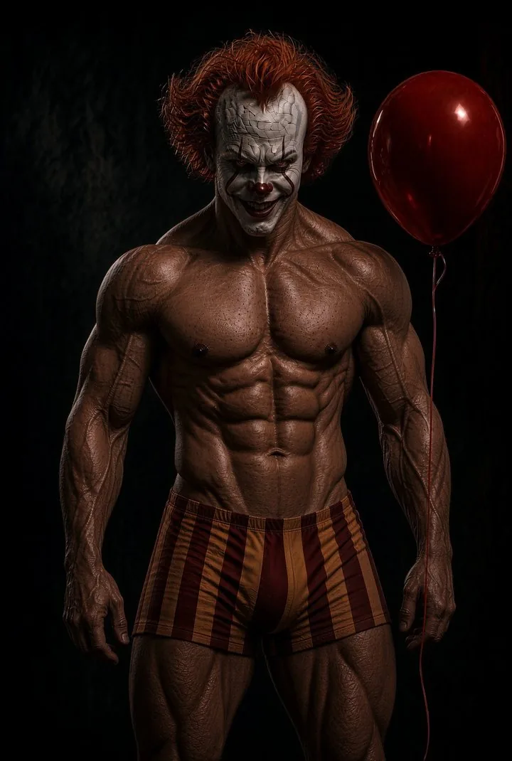 Muscular clown in striped shorts with a red balloon