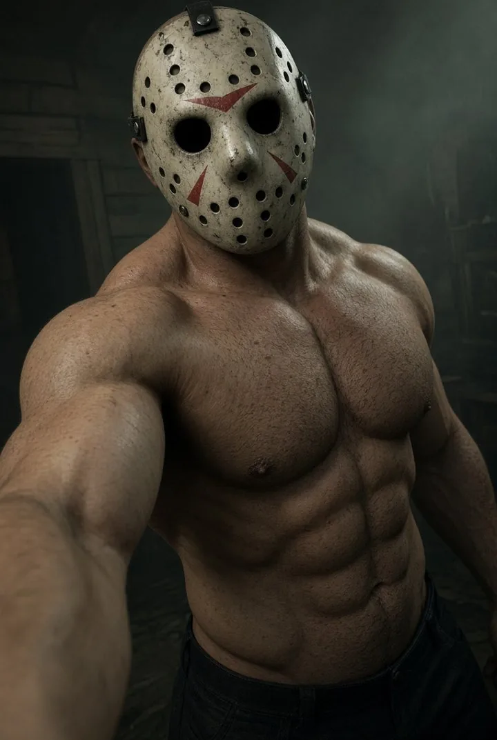 Shirtless man in a hockey mask taking a selfie