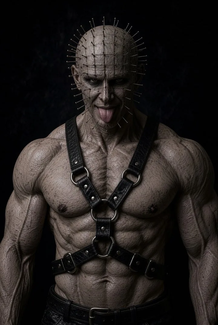 Muscular man covered in pins wearing a leather harness